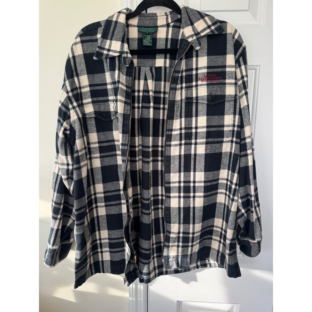 Lauren Ralph Lauren Womens Plaid Zip Up Flannel Shirt Jacket Black Cream Large